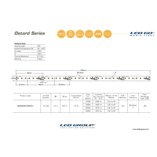 ML16A495-01VP35 | 2835 LEDBAR-50CM-70LED/M-24VDC CEM1 PCB 16mm OSRAM/SAMSUNG LED