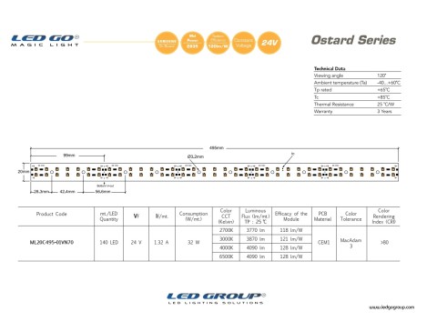 ML20C495-01VN70 | 2835 LEDBAR-50CM-70LED/M-24VDC CEM1 PCB 20mm OSRAM/SAMSUNG LED